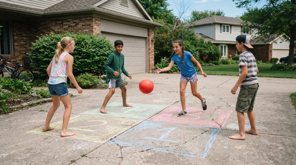Tweens playing four square on a homemade chalk court.