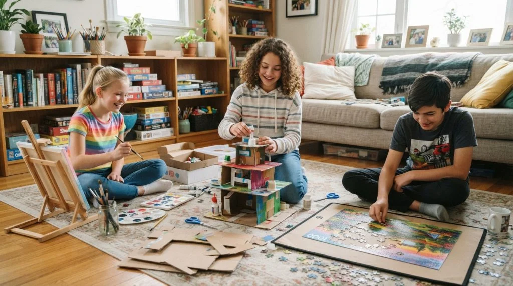 Tweens engaged in a variety of screen-free activities at home.