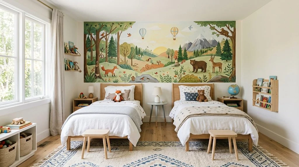 A statement wall mural used as a design anchor in a shared kids' bedroom
