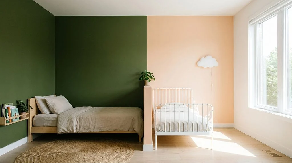 Shared kids bedroom wall painted in two contrasting colors.