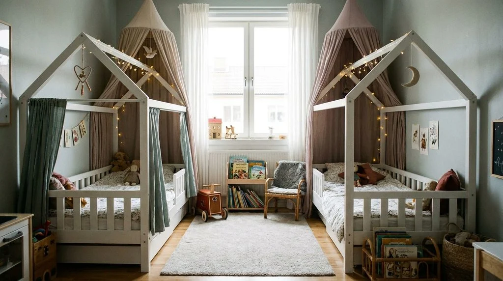 Two beds each enclosed in a house-frame canopy to create private mini-rooms within one shared bedroom.