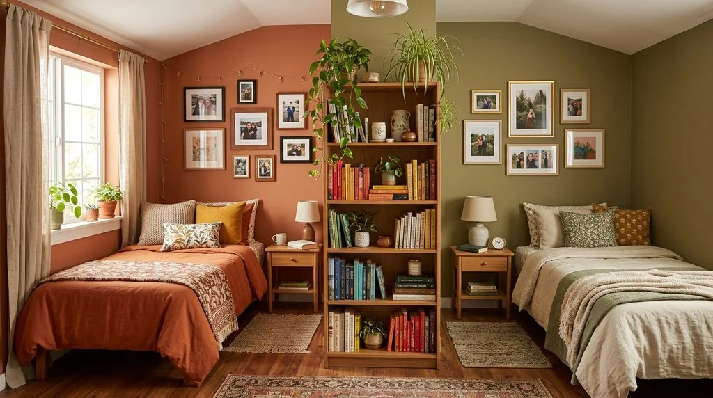 Two beds divided by a shared bookshelf in a sibling bedroom