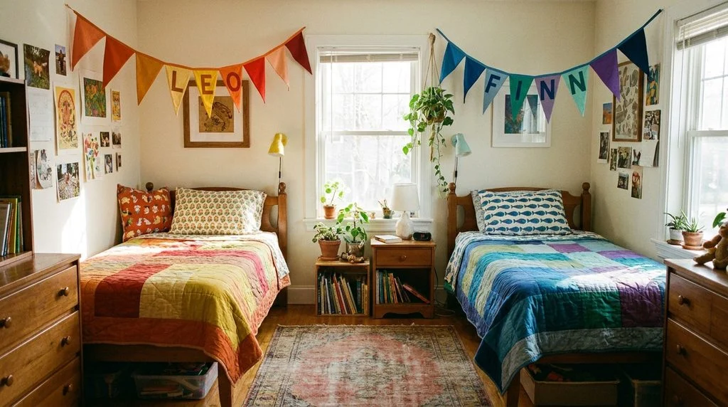 Two beds in a shared kids' room, each with a personalized name banner on the wall above.