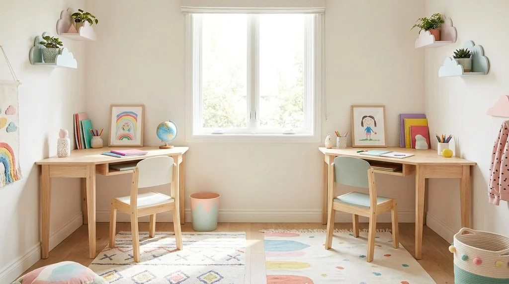 Individual study desks on each side of a shared kids bedroom.