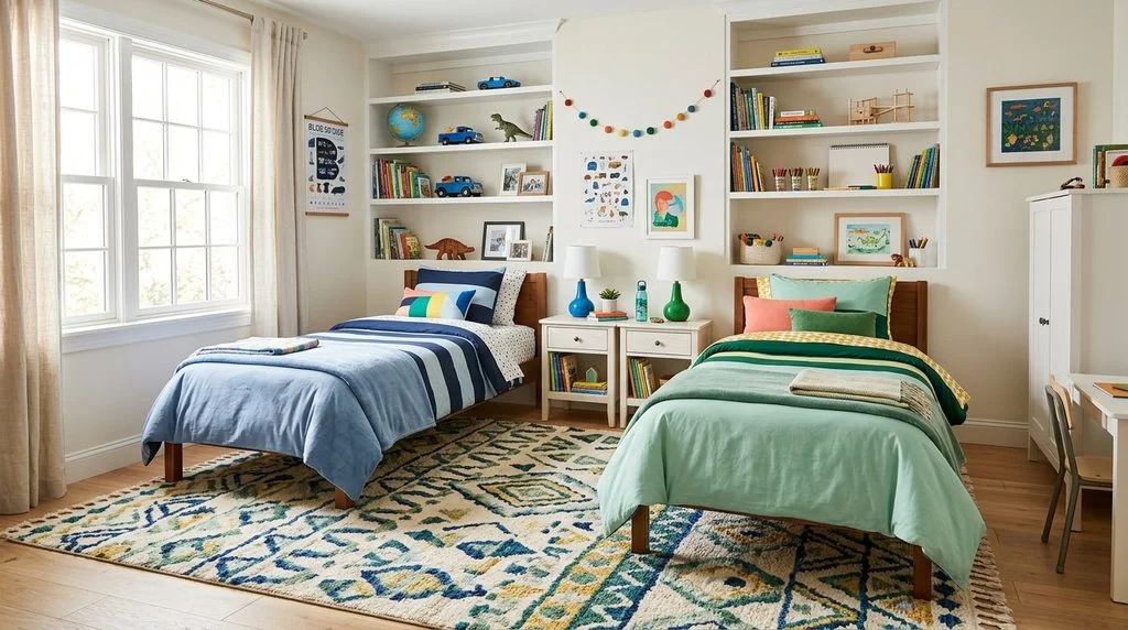 Twin beds with built-in shelving and color-coded zones in a shared bedroom