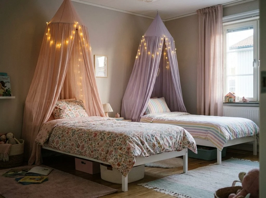 Two twin beds with sheer pink and lavender canopies and warm string lights in a shared kids' room
