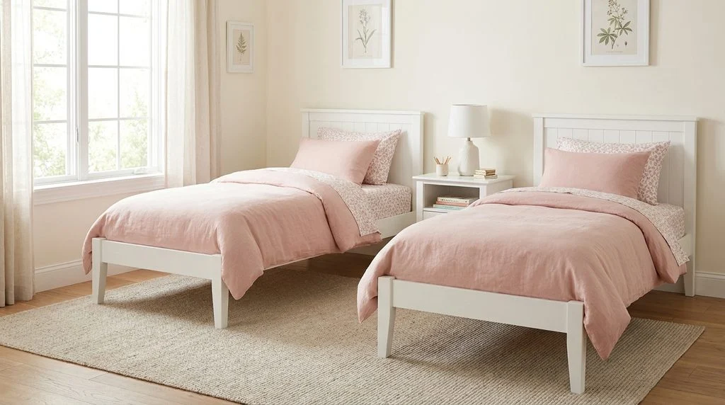 Two matching white twin beds with coordinating pink bedding in a cohesive shared kids' bedroom.