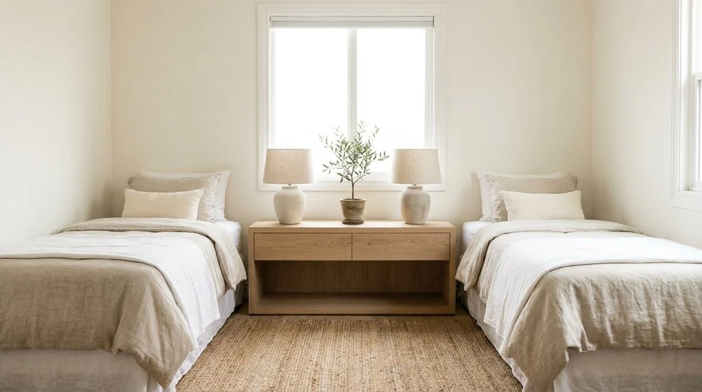 An extra-wide shared nightstand set between two twin beds acting as a simple divider in a kids' room.