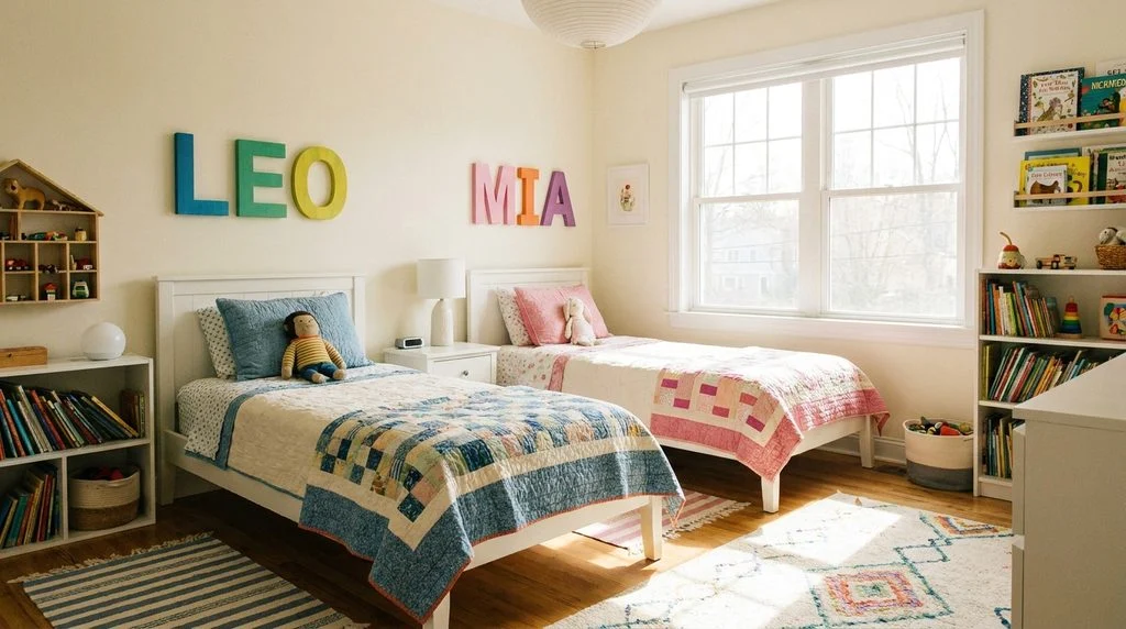 Personalized wall letters spelling each child's name above their bed in a shared kids' bedroom.