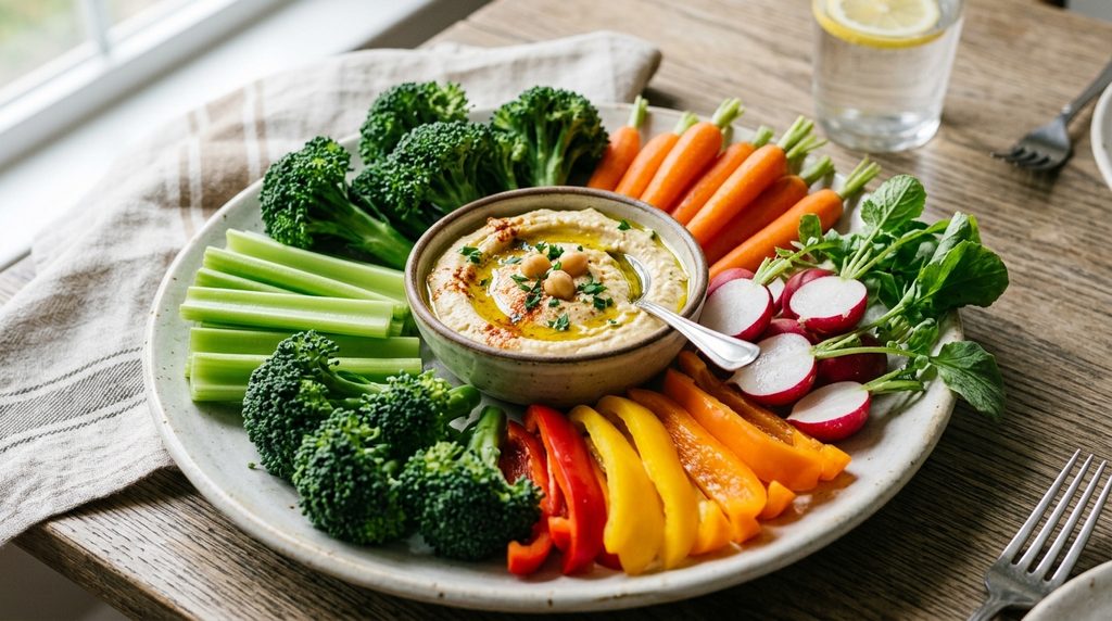 Vegetable tray with hummus dip for a healthy snack.