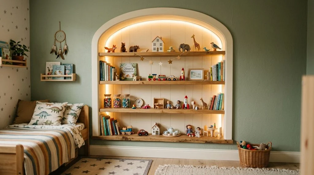 Small display nook showcasing a child's collectibles.