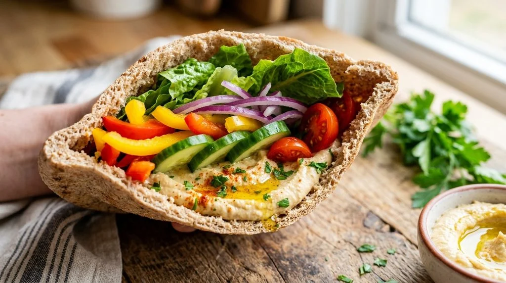 Veggie-stuffed pita pocket snack for kids.