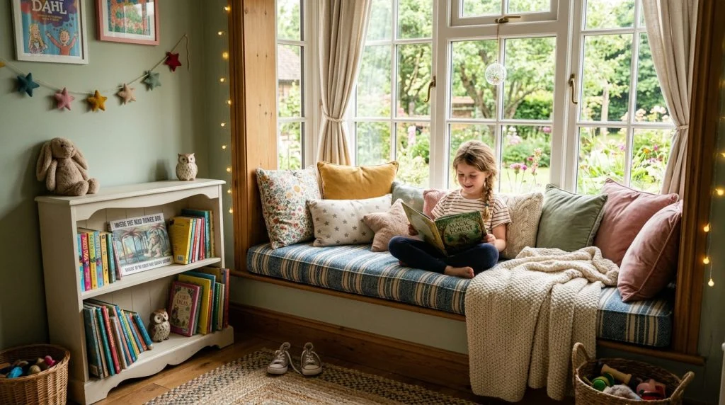 Cozy window seat reading nook in a kids' bedroom.