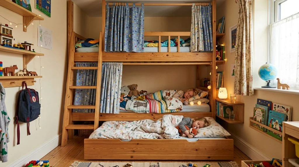 Built-in bunk beds with curtains and a trundle bed for a small kids' room.