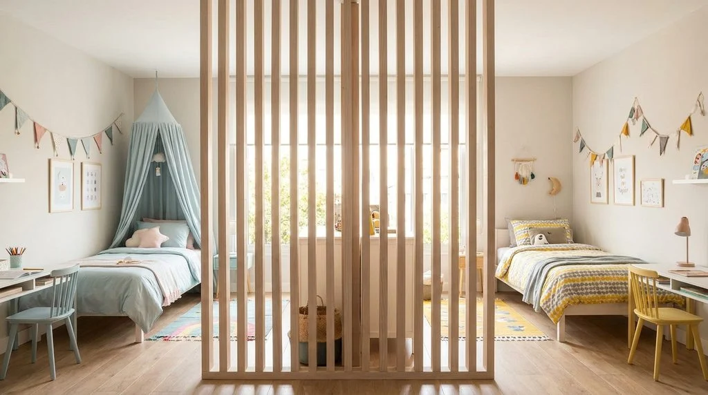Wooden slat divider separating a shared kids bedroom.