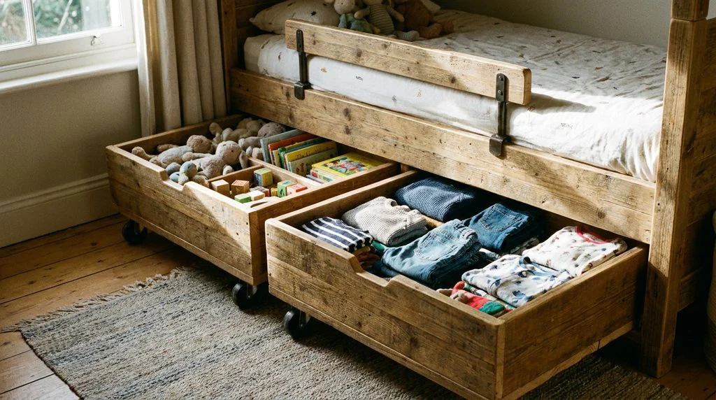 Roll-out under-bed storage drawers on wheels filled with toys and clothes in a kids' bedroom.