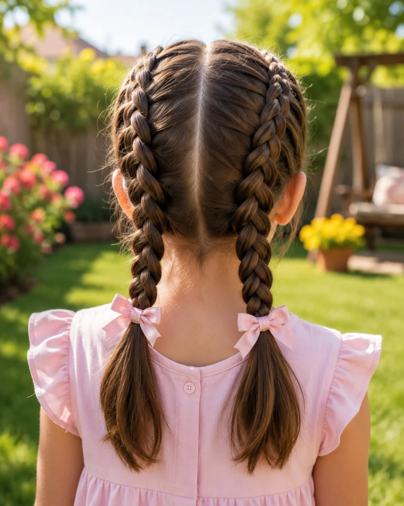 Little girl with French-braided pigtails finished with bows.