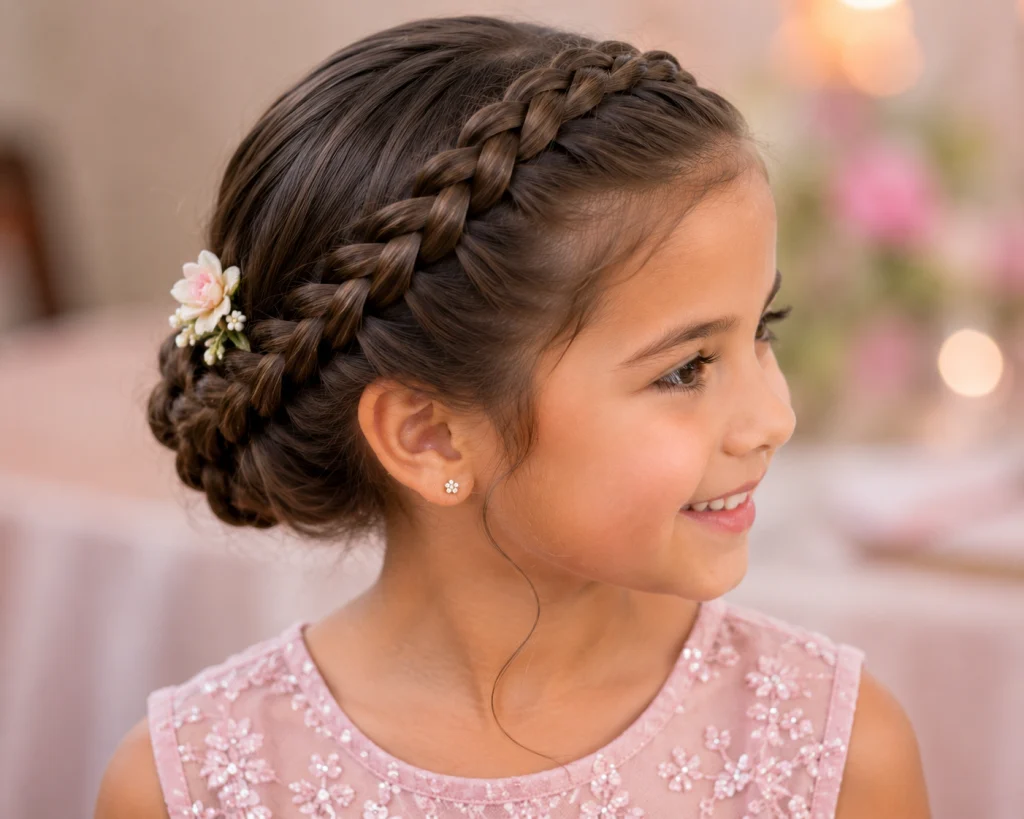 Girl with a braided crown hairstyle and flower clip.