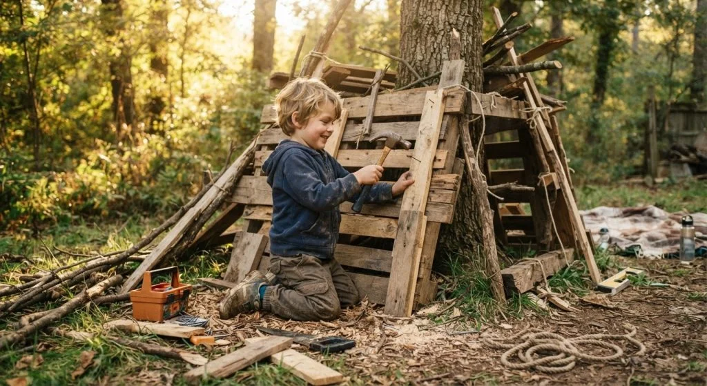 Child building an outdoor fort during a free hands-on activity