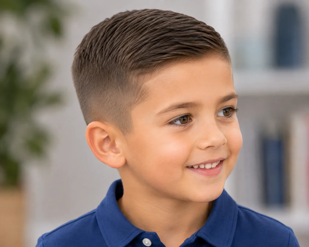 Boy with a classic crew cut combed to the side.