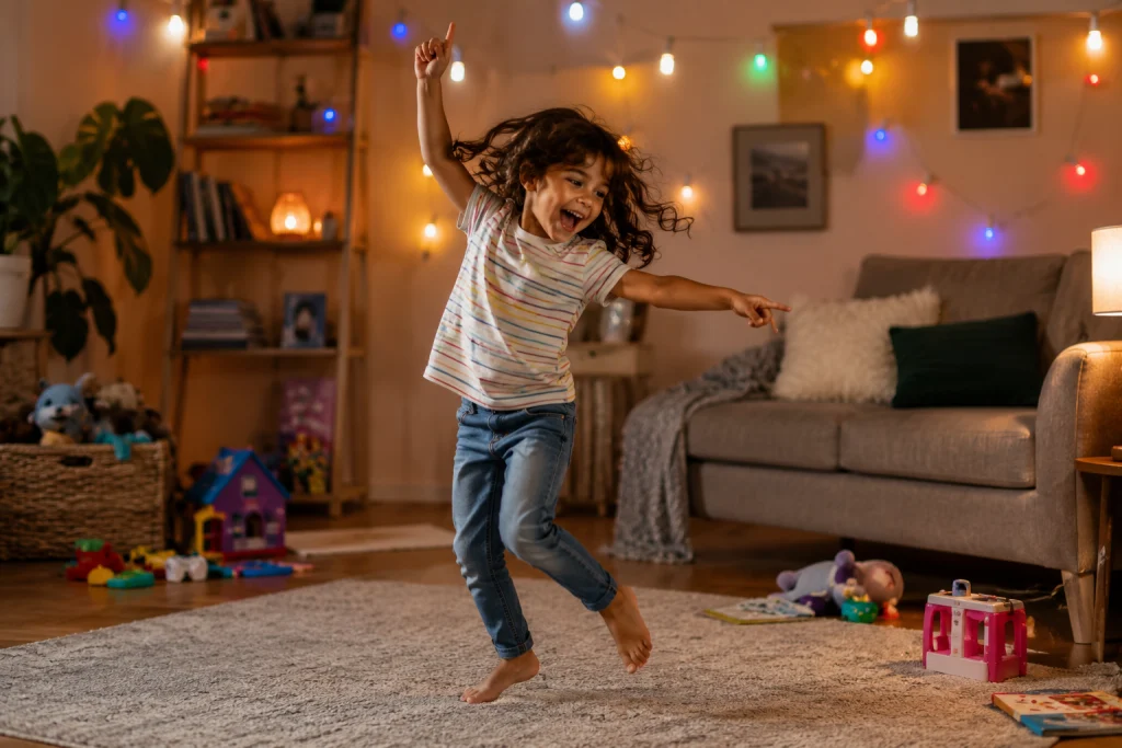 Child dancing independently in a colorful living room during an at-home dance party