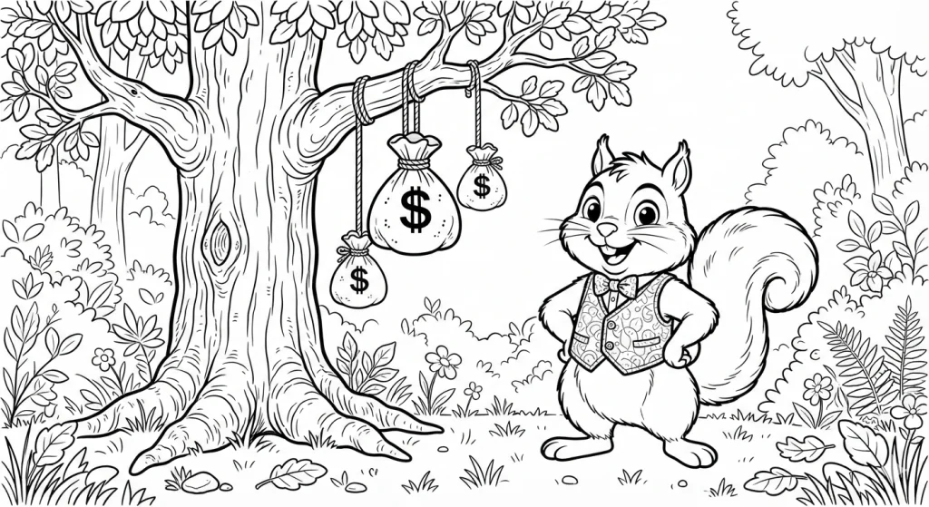Cartoon squirrel standing next to a coin tree, coloring page style
