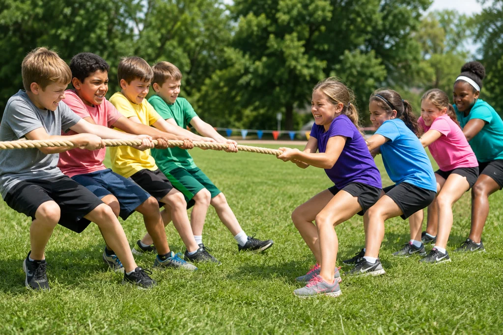 Kids playing tug of war outdoors in the backyard