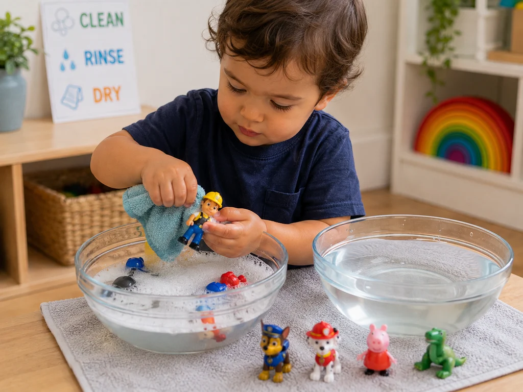Toddler washing toy figurines in a soapy water sensory bin.