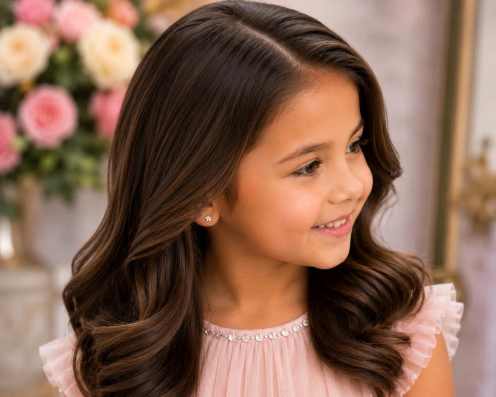 Girl with polished blowout wave hairstyle.