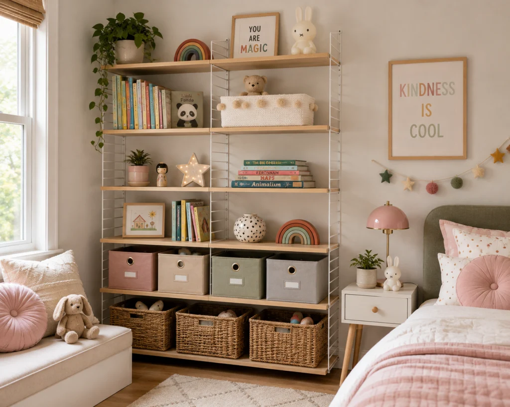 Modular string shelving system in a kids' room for storage.