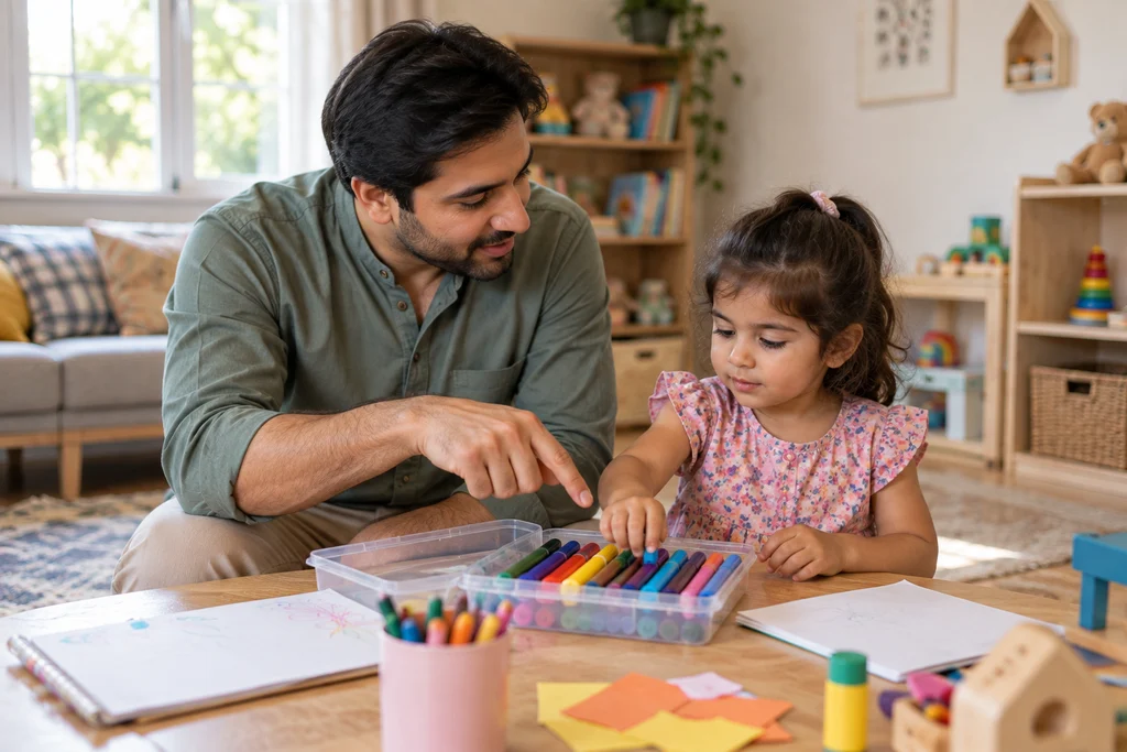 Father sitting beside a child and pointing to a box for art supplies.