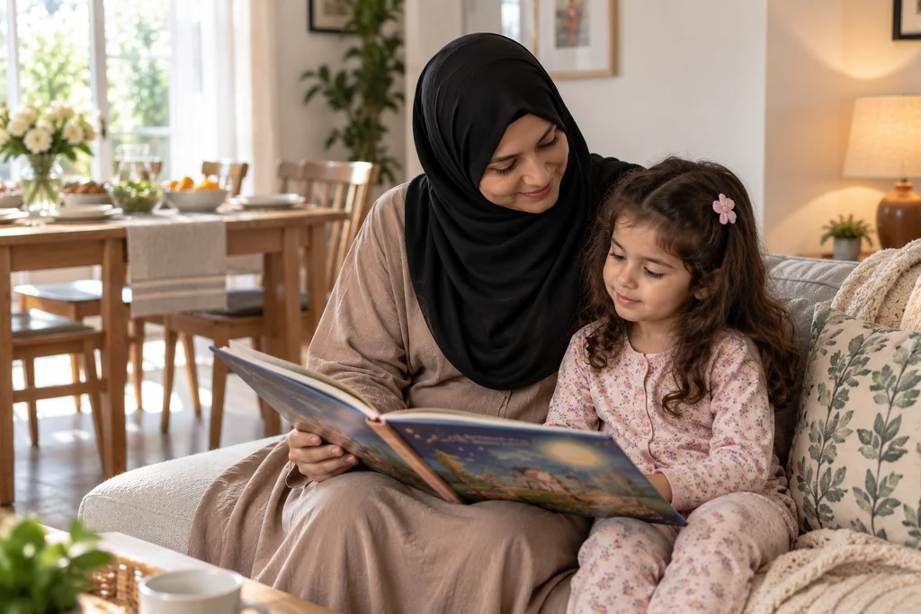Parent and child finishing a picture book before a meal.