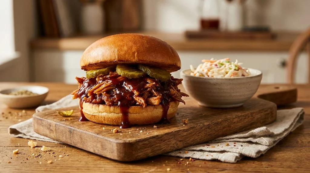 A shredded BBQ chicken sandwich, an easy kid-friendly weeknight dinner