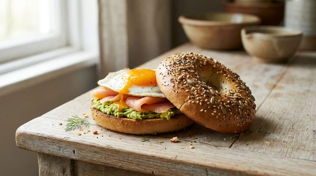 Breakfast bagel filled with avocado, salmon, and egg.