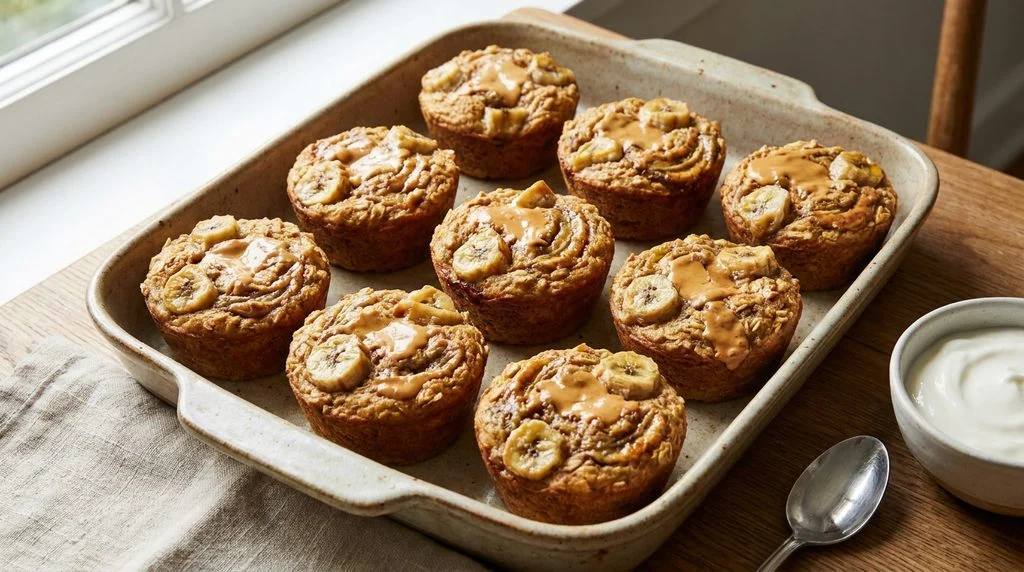 Baked oatmeal cups with banana and peanut butter.