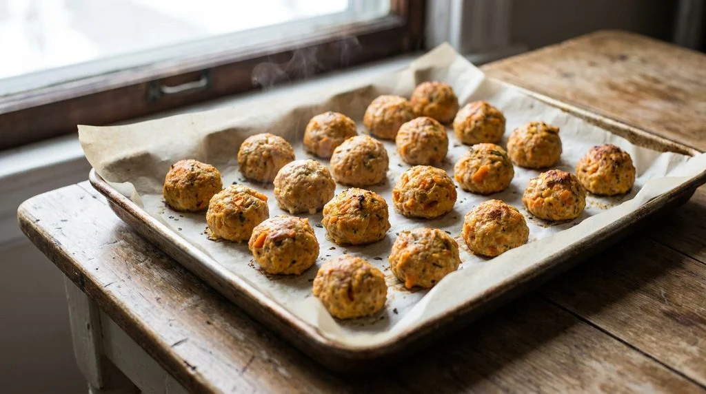 A tray of baked sweet potato turkey meatballs, a kid-friendly dinner