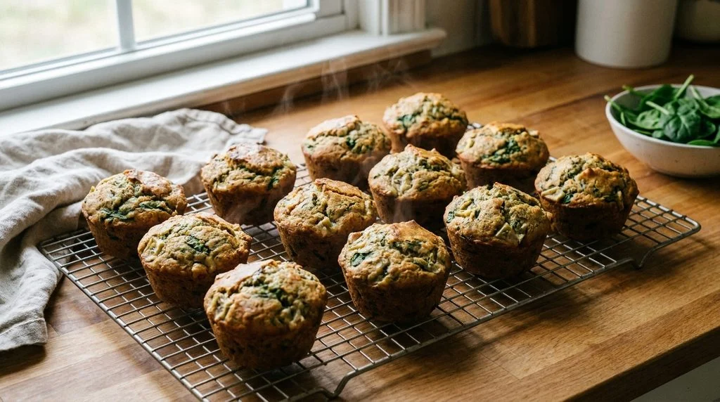 Banana spinach muffins cooling on a wire rack.