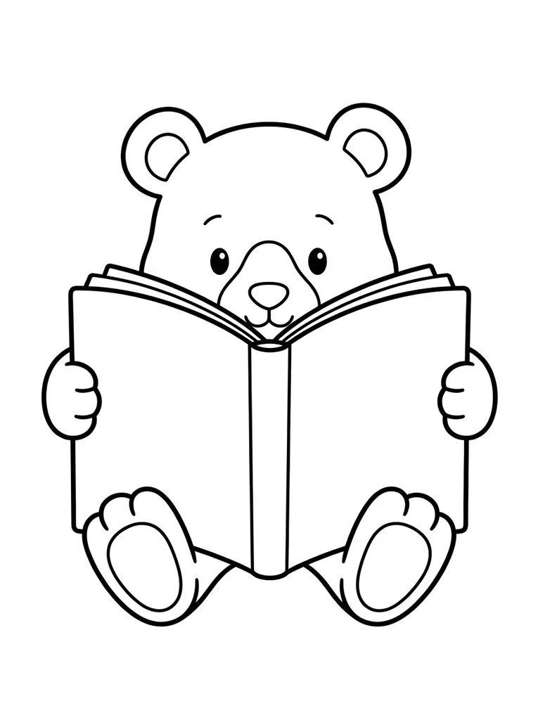 Bear cub coloring page holding a large open book.