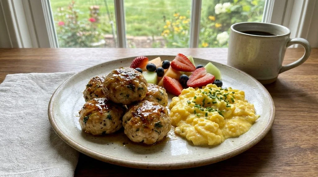 Savory breakfast meatballs served with eggs and fruit.