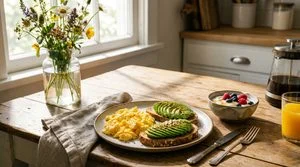 A high-protein breakfast spread with eggs, avocado toast and Greek yogurt