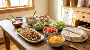 A build-your-own chicken taco wrap station for a kid-friendly dinner