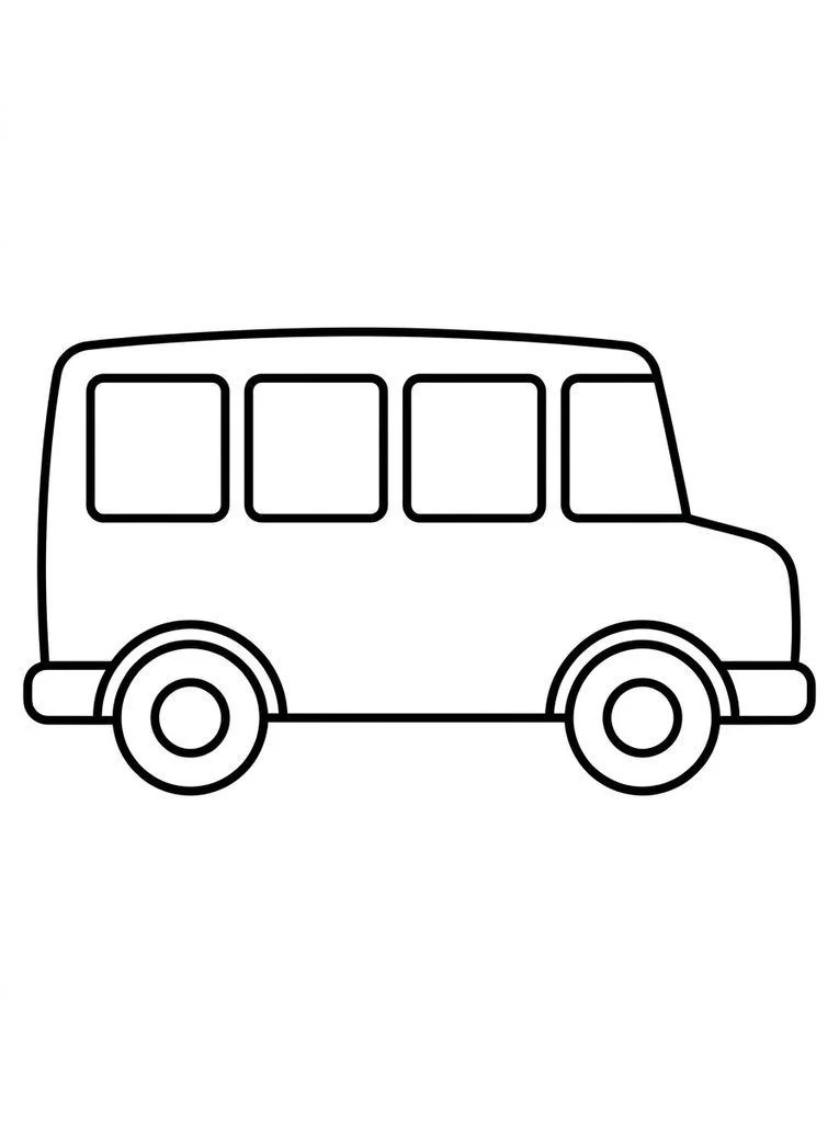 Bus coloring page with roomy blank windows and two large wheels.