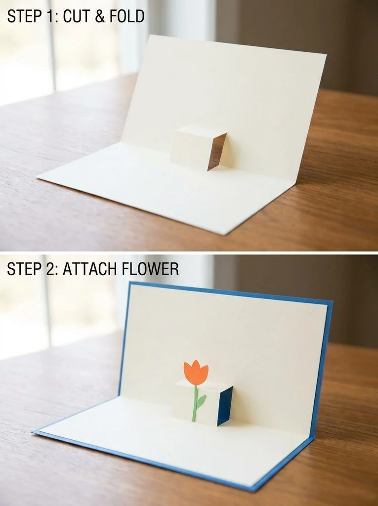 A cut-and-fold pop-up step inside a card, then decorated with a paper flower.