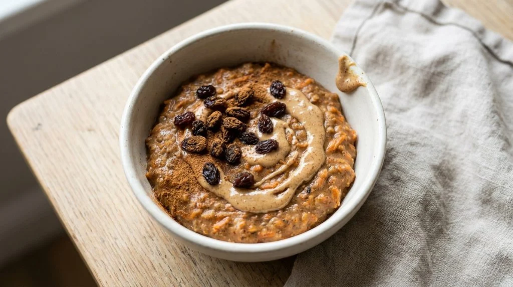 Carrot cake porridge topped with raisins and nut butter.