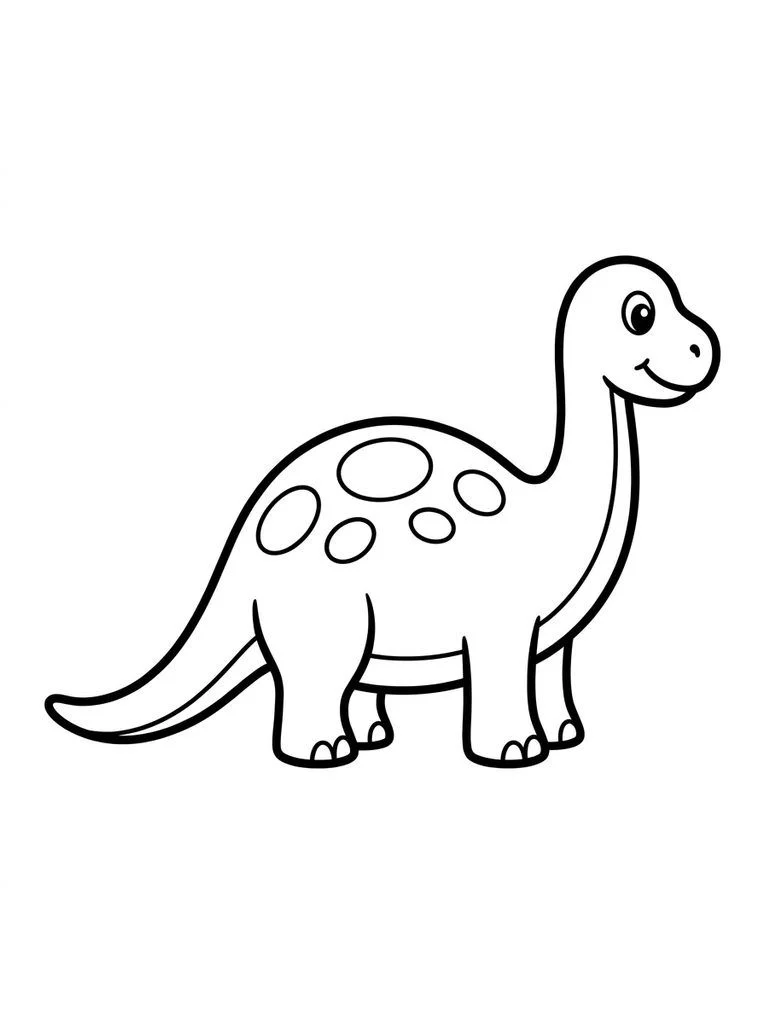 Friendly dinosaur coloring page with five large spots on its body.