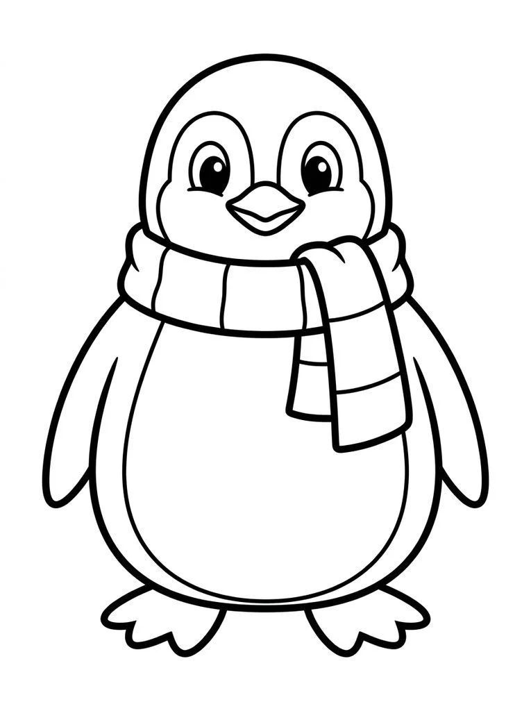 Penguin coloring page wearing a wide striped scarf.