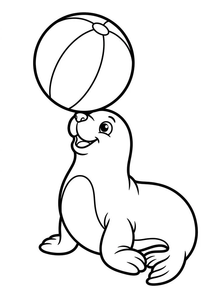 Seal coloring page balancing a beach ball on its nose.