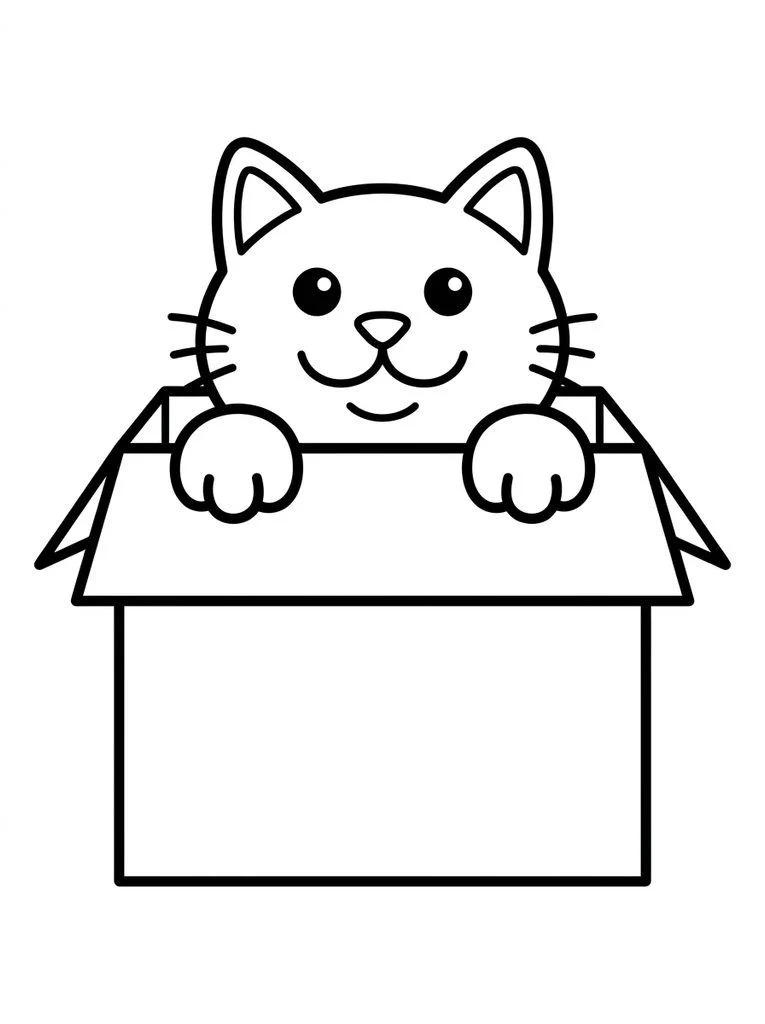 Cat coloring page with a kitten peeking out of a blank cardboard box.