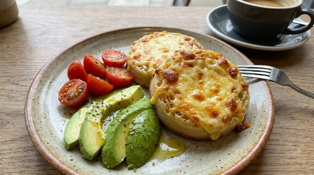 Cheese crumpets served with avocado and cherry tomatoes.