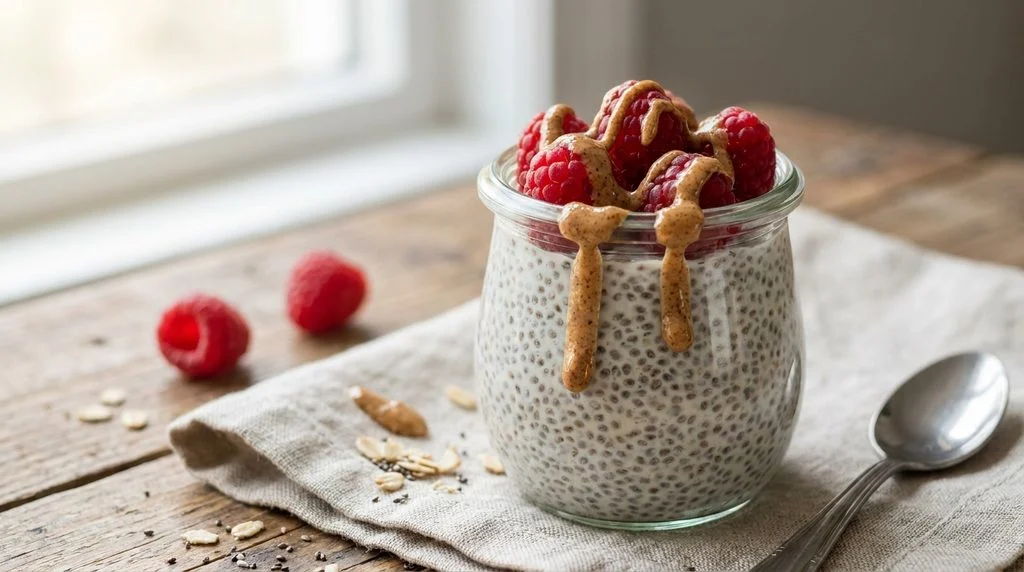 Chia pudding topped with raspberries and nut butter, a make-ahead protein breakfast